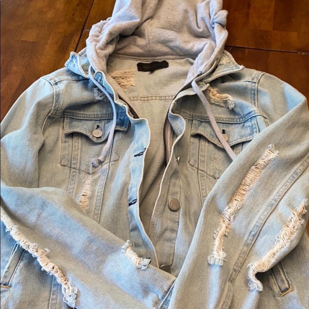 Kendall+Kylie hooded distressed denim jacket